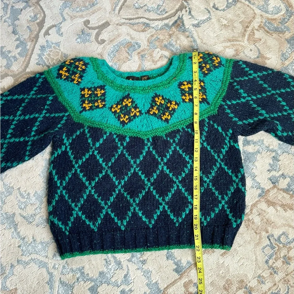 VTG 90’s Liz Sport chunky wool Sweater Green Cropped Checkered Balloon Sleeve S - Picture 8 of 11